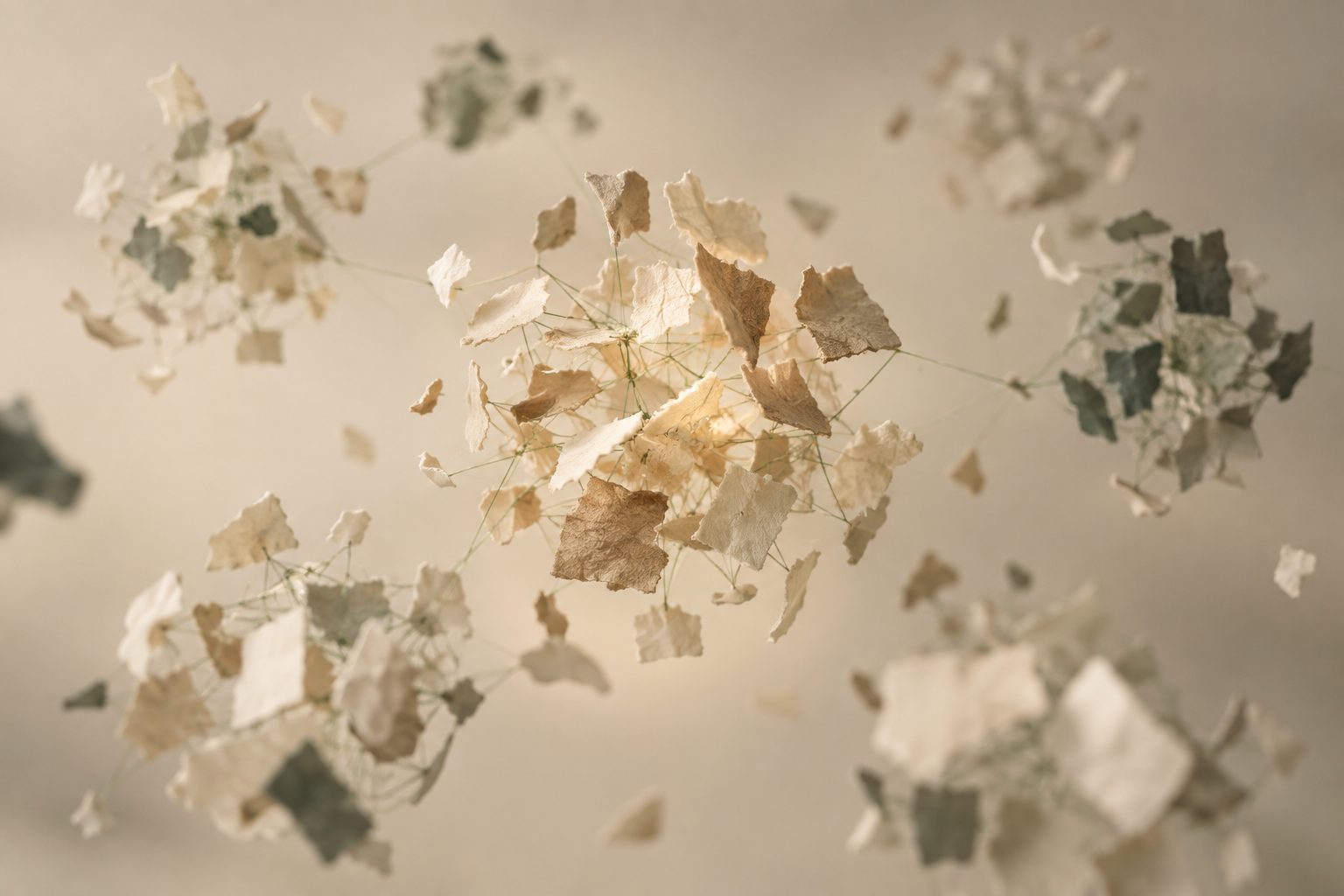Paper fragments suspended in clusters, one central cluster lit and joined by fine threads